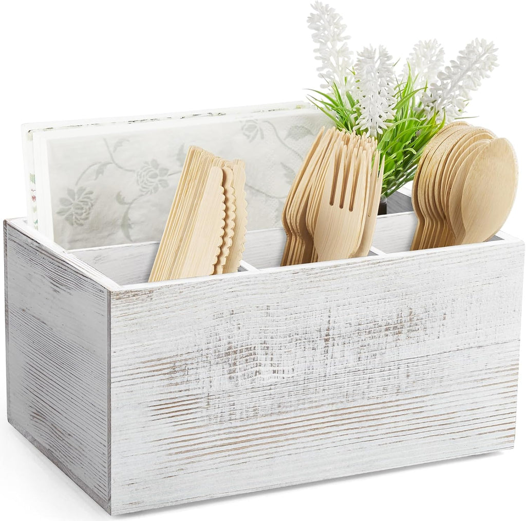 DRASTAR Silverware Caddy, Wooden Utensil Holder, Picnic Cutlery Holder, Whitewashed Silverware Holder, Plastic Silverware Caddy for Party, Countertop, Camping