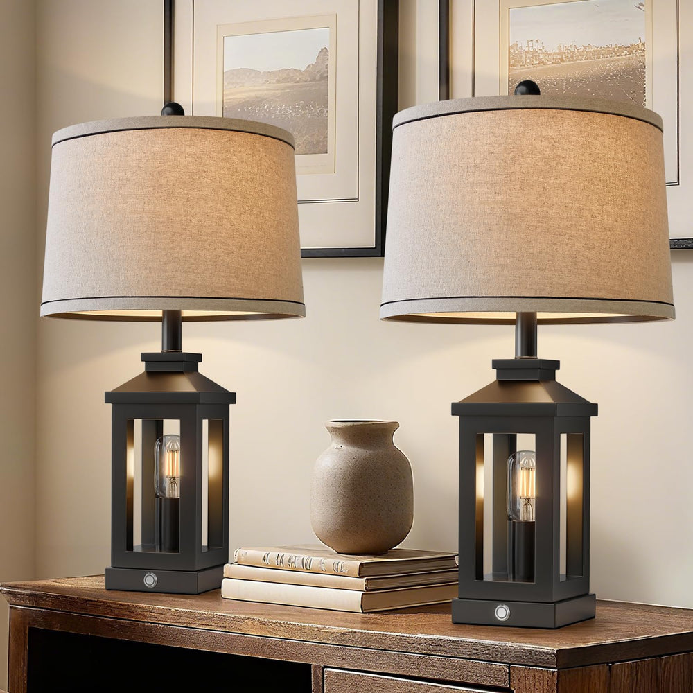 BOBOMOMO 23.75" Farmhouse Black Table Lamps Set of 2– Rustic Bedside Lam...