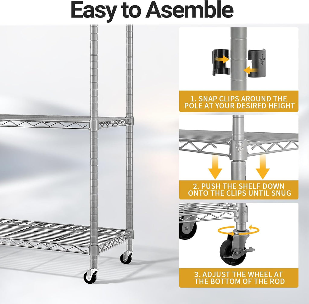 Karl home Silver 4-Tier Wire Storage Shelving with Wheels, 800LBS | Rolling Storage Unit Dimension 64.96"H X 46.06" W X 17.7" D, Multipurpose Organizer for Garage, Kitchen, Basement