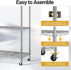 Karl home Silver 4-Tier Wire Storage Shelving with Wheels, 800LBS | Rolling Storage Unit Dimension 64.96"H X 46.06" W X 17.7" D, Multipurpose Organizer for Garage, Kitchen, Basement