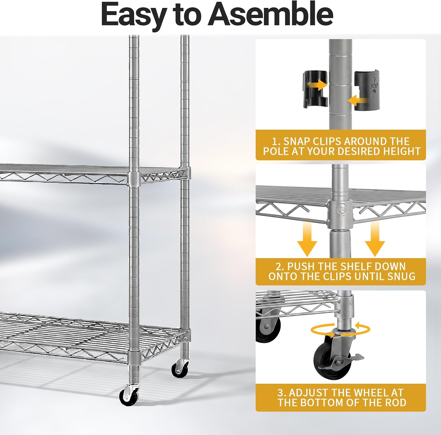 Karl home Silver 4-Tier Wire Storage Shelving with Wheels, 800LBS | Rolling Storage Unit Dimension 64.96"H X 46.06" W X 17.7" D, Multipurpose Organizer for Garage, Kitchen, Basement