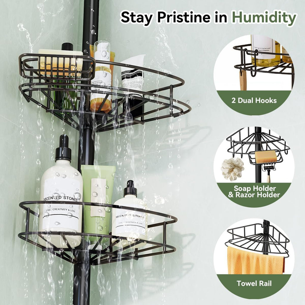 Corner Shower Caddy Tension Pole-4 Tier Adjustable Bathroom Shower Organizer with Soap Holder, Rustproof Shower Shelves Shower Rack for Inside Shower, Bathtub Shampoo Storage 29-118", Black