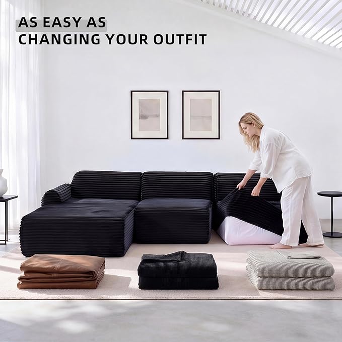 Modular Floor Sofa, Cozy Corduroy Sectional Couch with Fully Washable Covers, Frameless L Shaped Couch for Living Room, Family & Pet Friendly Lounge, No Assembly (Black, Left Facing Chaise)
