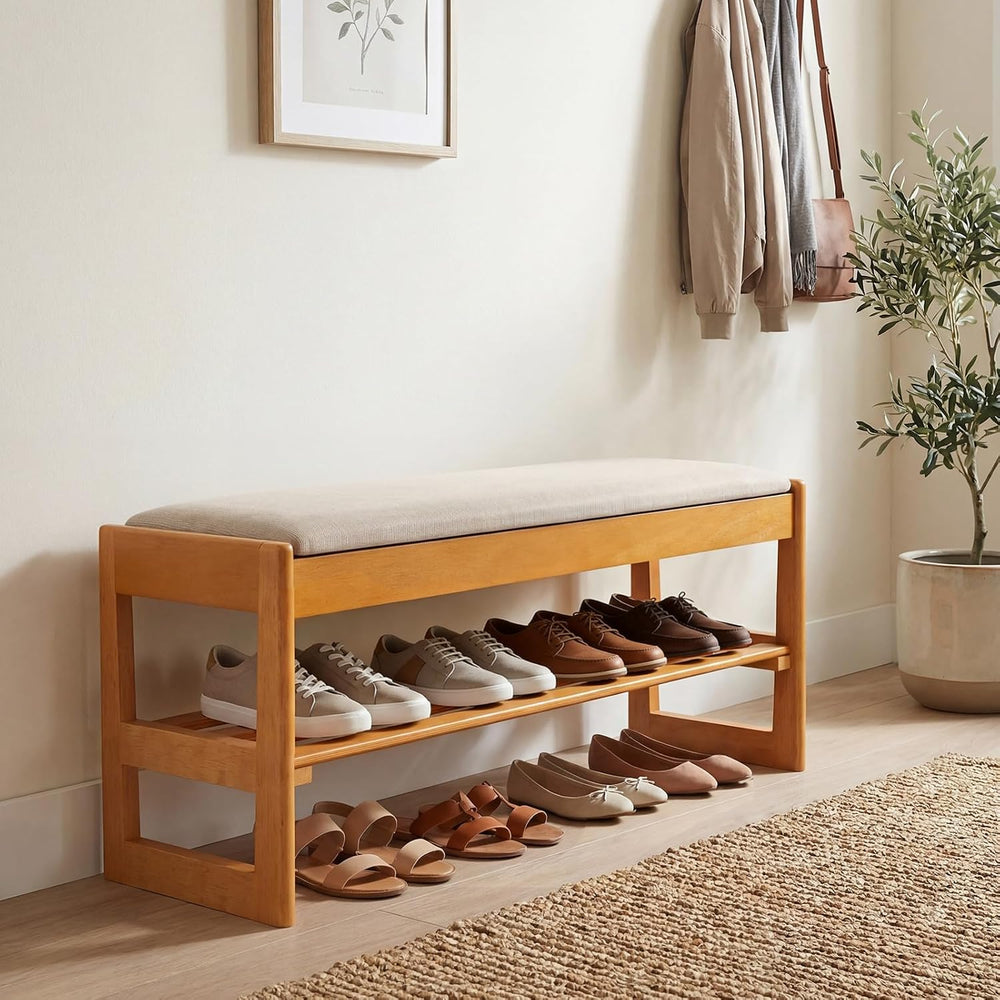 Giantex Shoe Rack Bench with Storage, Rubberwood Entryway Bench with Linen Se...