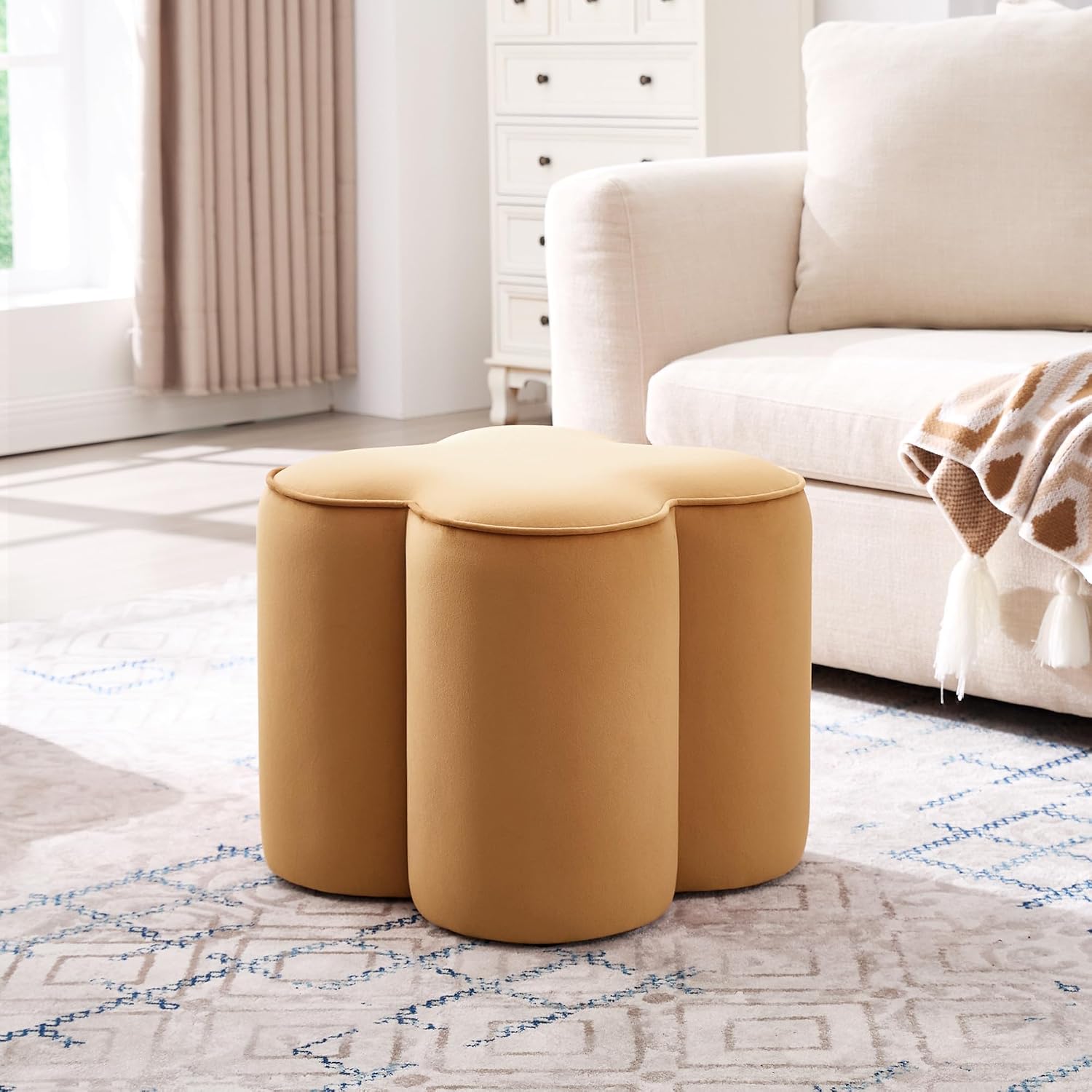 Zesthouse Flower Pouf Ottomans Foot Rest Set of 2, Velvet Poofy Ottomans | Large Ottoman Footstool for Couch, Modern Living Room Stool Seat, Cute Square Vanity Stool for Bedroom, Camel Dorm Foot Stool
