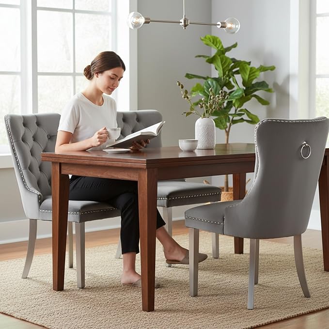 Mid Century Modern Dining Chairs Set of 4, Grey Velvet Upholstered Tufted Back, Kitchen & Dining Room Chairs, Brushed Silver Metal Legs, Nailhead Trim, Sillas para Comedor (Gray, 4 Pcs)