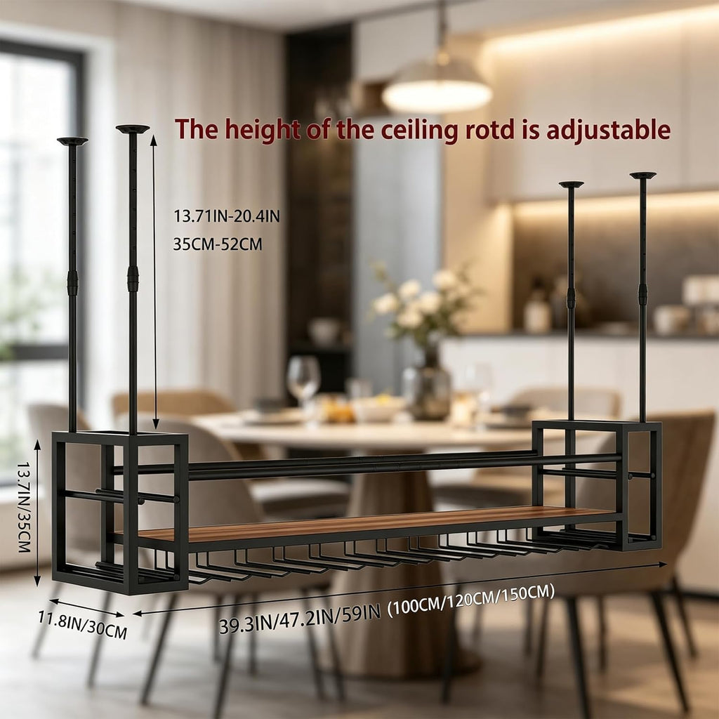 Industrial Ceiling Wine Rack with Glass Holder & Shelf – Height Adjustable Hanging Wine Bottle Storage, Black Metal Overhead Bar Shelf for Home Bar, Kitchen, Cafe (Black, 59in/150cm)