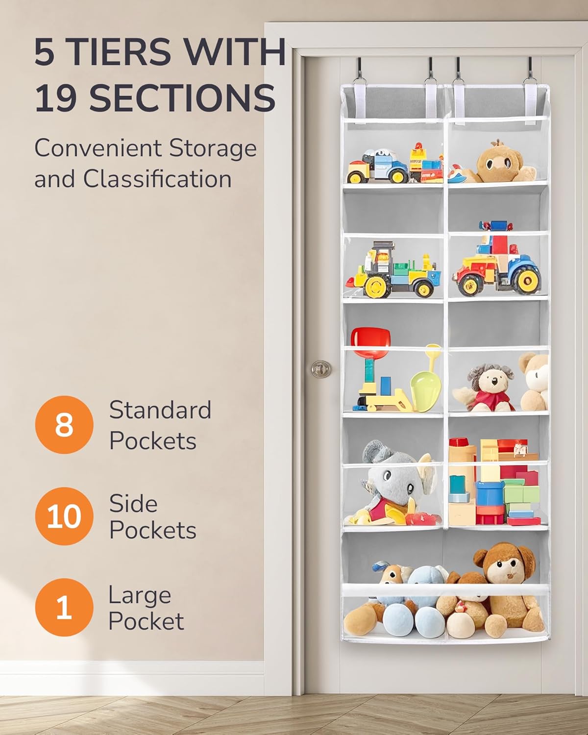 ULG Over the Door Organizer, 5-Tier Extra Large Hanging Storage with 10 Mesh Pockets, 100 lbs Capacity, Heavy Duty Door Organizer for Closet, Bedroom, Nursery Light Grey