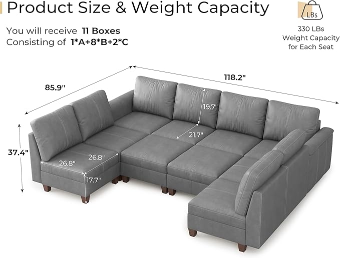 SITJOY 118" Faux Leather Modular Sectional Sofa with Storage, Mid Century Modern Sectional Couches for Living Room, Soft Padded Armrests, Oversized 10 Seat U Shaped Sofa Bed with Chaise, Gray