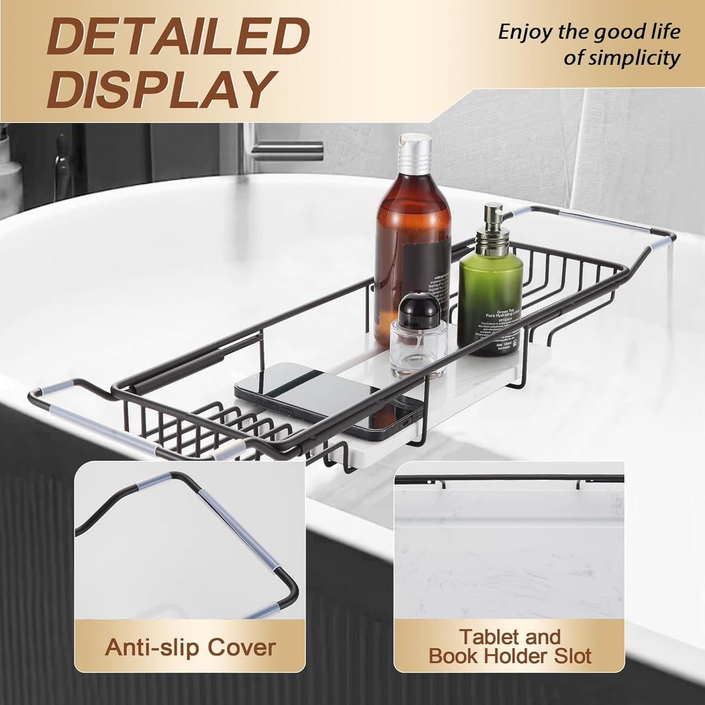 BVL Bathtub Tray Stainless Steel with Marble Base Matte Black Bathtub Tray with White Marble Base Adjustable & Rustproof Bath Caddy for Spa, Relaxation, Bath Bombs