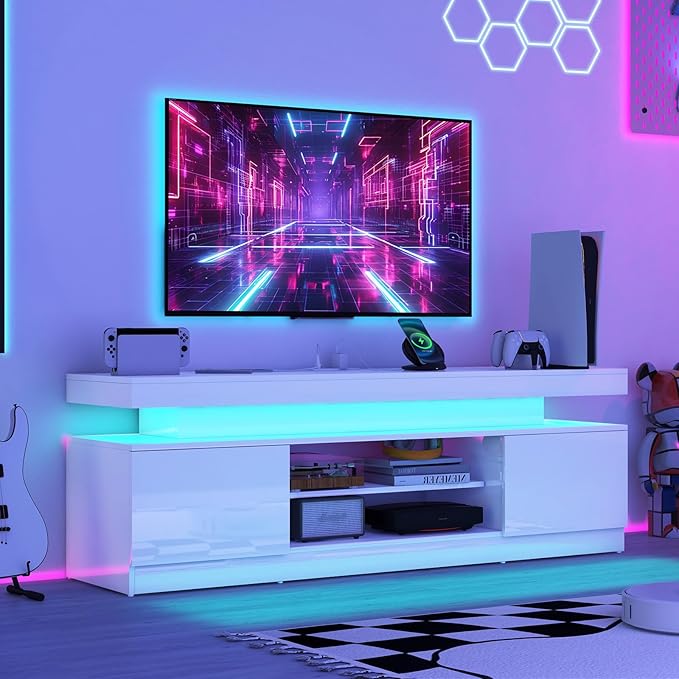 Verano Garden 63" LED TV Stand for 75 Inch TV, High Gloss Entertainment Center with Power Outlet & Light, Modern TV Media Console with 2 Storage Cabinets & Open Shelf for Living Room, Bedroom, White