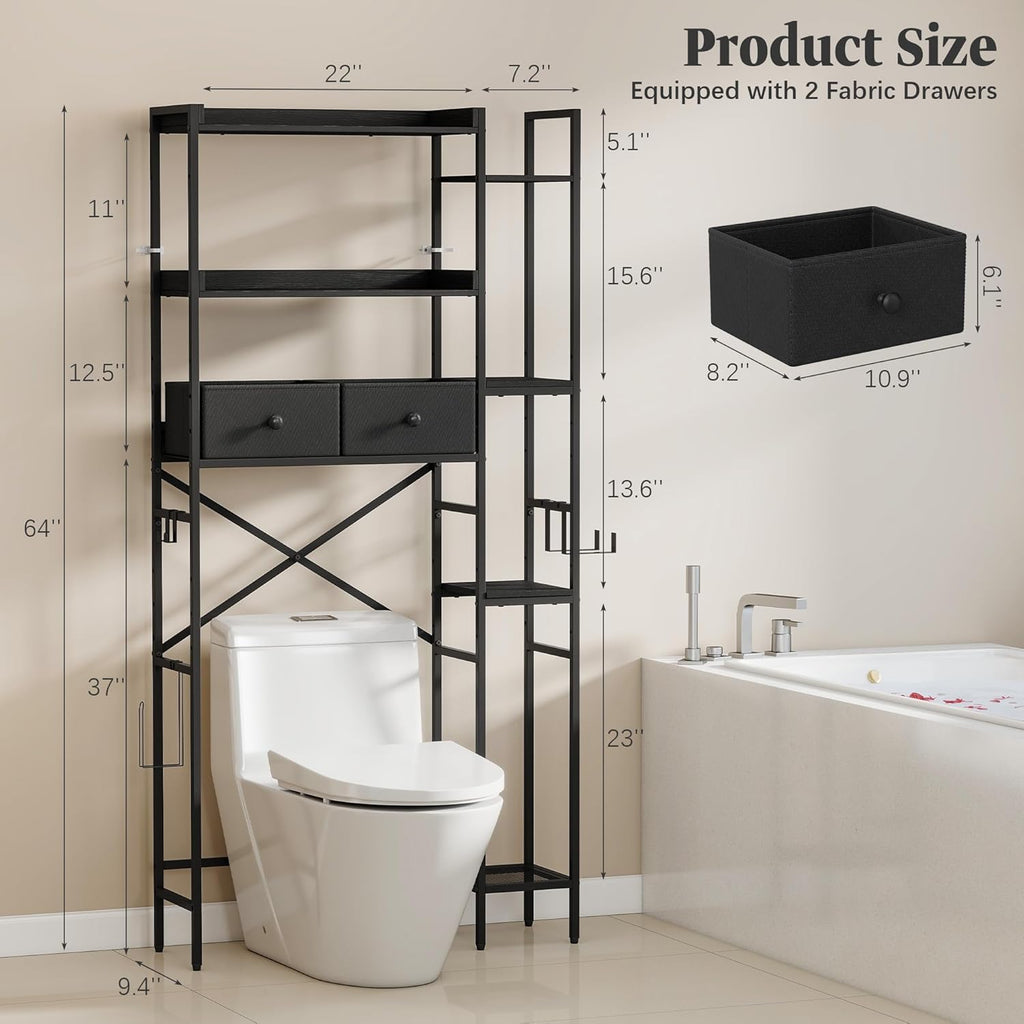 Over The Toilet Storage Shelf with Drawer, 3-Tier Above Toilet Bathroom Organizer with 4 Adjustable Side Shelves, Space Saver Freestanding Rack with Holder & Hook for Laundry Kitchen (Black)