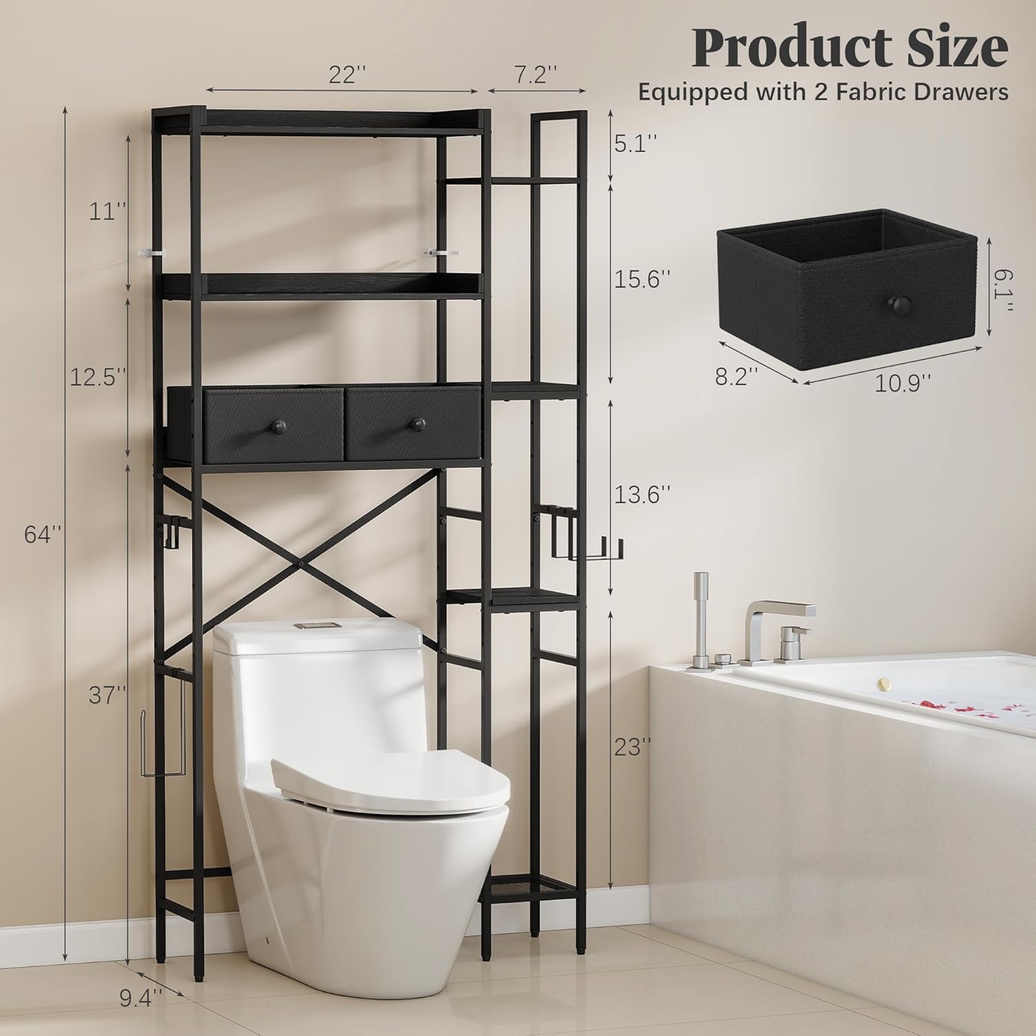 Over The Toilet Storage Shelf with Drawer, 3-Tier Above Toilet Bathroom Organizer with 4 Adjustable Side Shelves, Space Saver Freestanding Rack with Holder & Hook for Laundry Kitchen (Black)