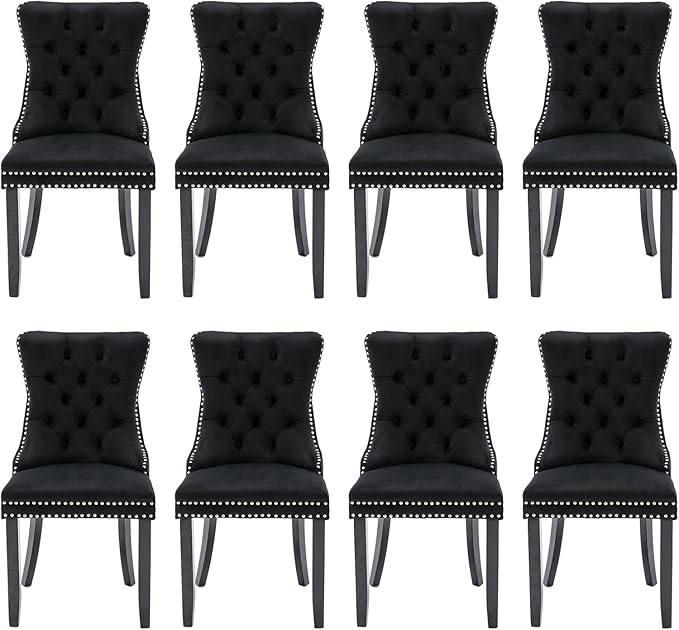 Velvet Upholstered Dining Chairs Set of 8, Modern Style Kitchen Side Chairs with Nailhead Trim and Wood Legs,Metal Pulling Ring for Dining Room Living Room(Black)