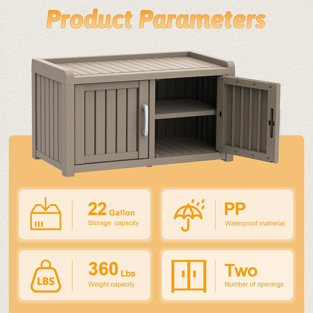 2-Tier Storage Bench, Waterproof UV-Resistant Outdoor Shoe Storage Cabinet, O...