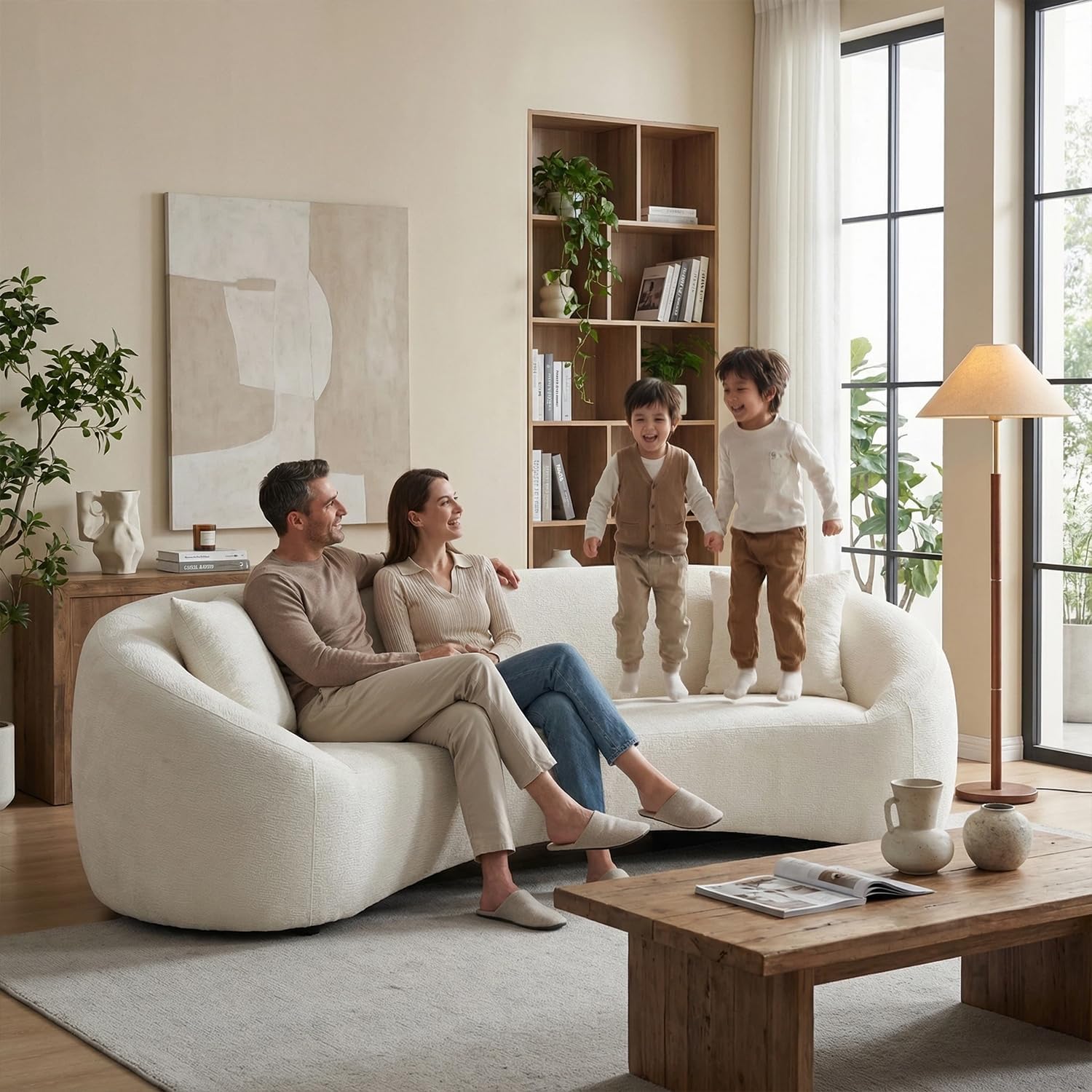 93.31” Modern Curved Sofa,Chenille & Velvet Fabric 3-Seater Couch with Solid Wood Frame,Luxury Cloud Sofa with 2 Throw Pillows,Minimalist Sofas for Living Room,Bedroom,No Assembly Required,White