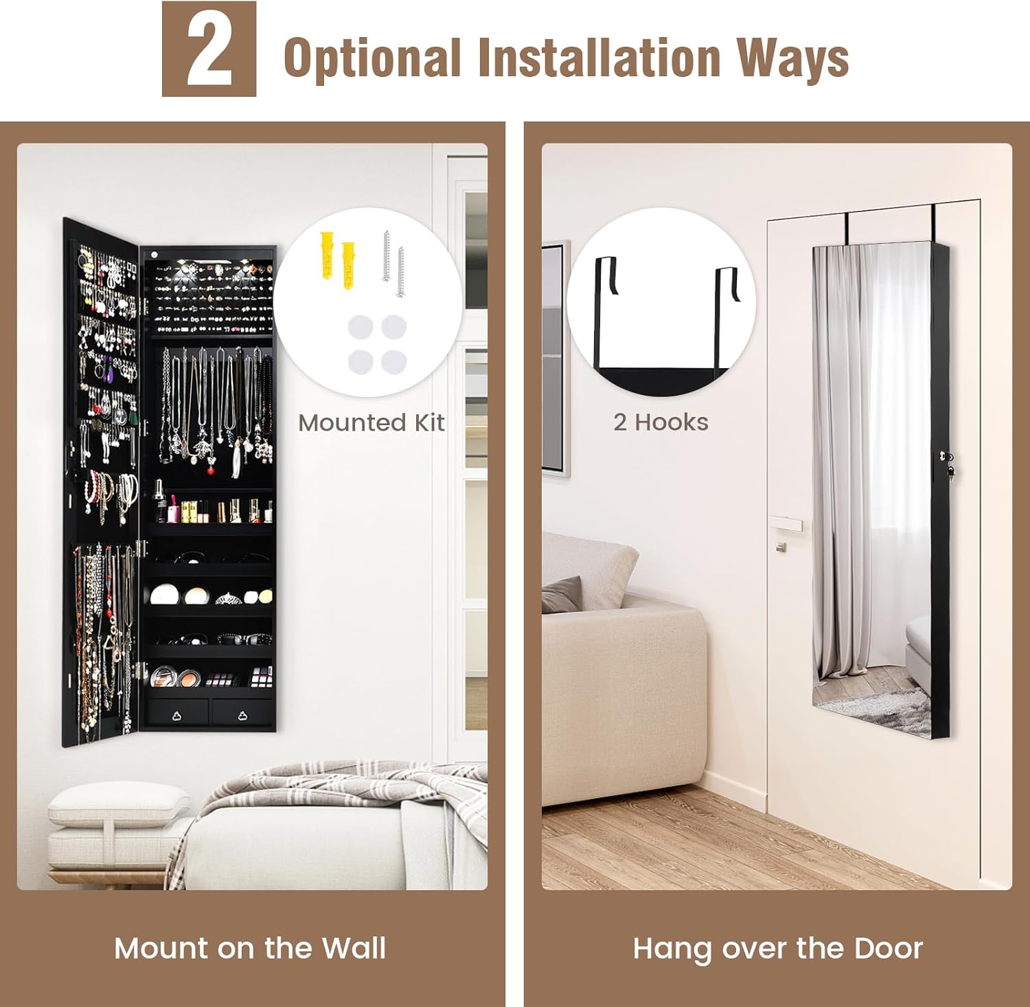HAPPYGRILL Over the Door Jewelry Organizer, Hanging Jewelry Storage Cabinet w/Full-Length, Inner Makeup Mirror, Earring Shelves, Ring Slots, 25 Necklace Hooks, Wall Mounted Jewelry Armoire for Women
