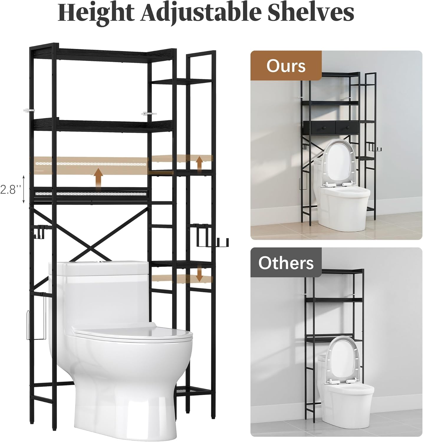 Over The Toilet Storage Shelf with Drawer, 3-Tier Above Toilet Bathroom Organizer with 4 Adjustable Side Shelves, Space Saver Freestanding Rack with Holder & Hook for Laundry Kitchen (Black)