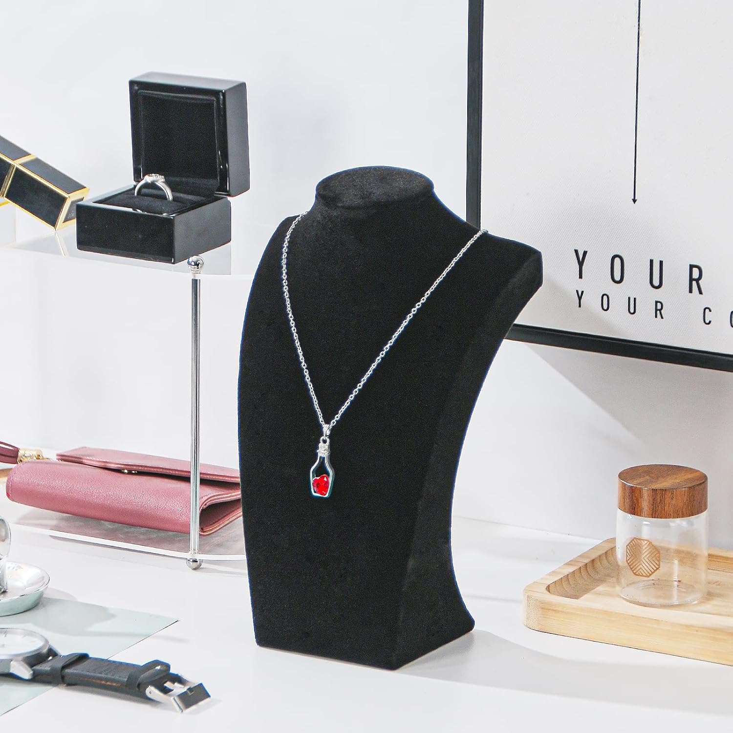 3Pcs Necklace Bust Stand for Selling, Black Velvet Necklace Display Holder, Jewelry Necklace Organizer Rack for Shop Store Exhibition Show (9" Height)