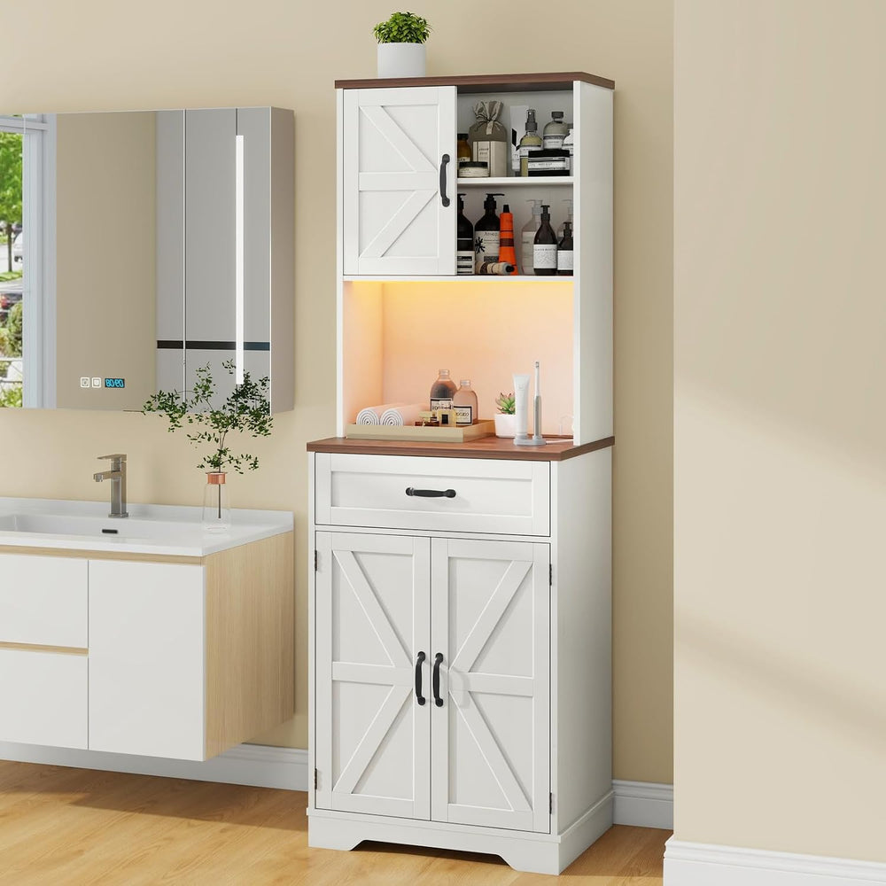 Vabches 68" Farmhouse Storage Cabinet with LED Light & Charging Stat...