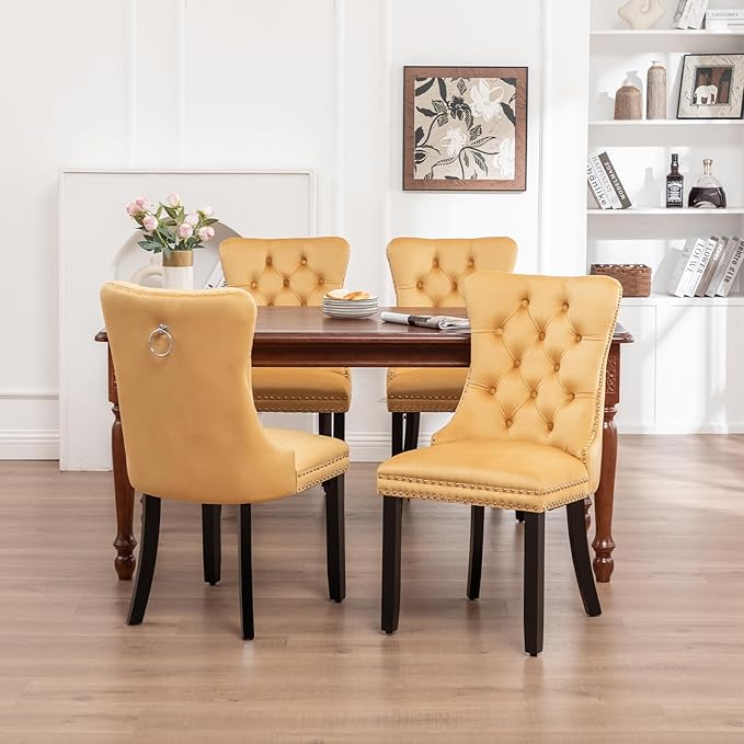 Velvet Dining Chairs Set of 4,Upholstered Dining Chairs with Ring Pull Trim and Button Back,Modern Seating for Kitchen, Bedroom & Living Room(Gold)