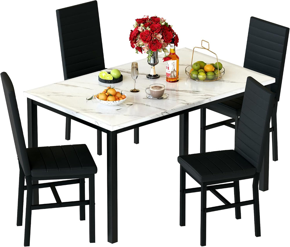Hooseng Dining Table Set for 4, 5-Piece Faux Marble Dinner Table Set with 4 U...