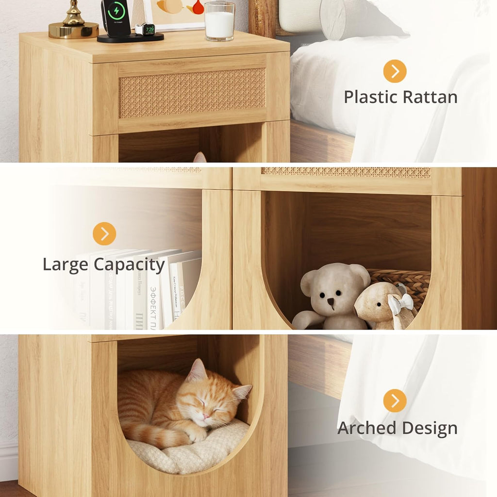 End Table with Drawer, 20 Inch Artificial Rattan Night Stand for Arched Storage or Cat Rest Area, Sturdy Thickened Wood Side Table Bedside Table for Living Room, Bedroom and Apartment