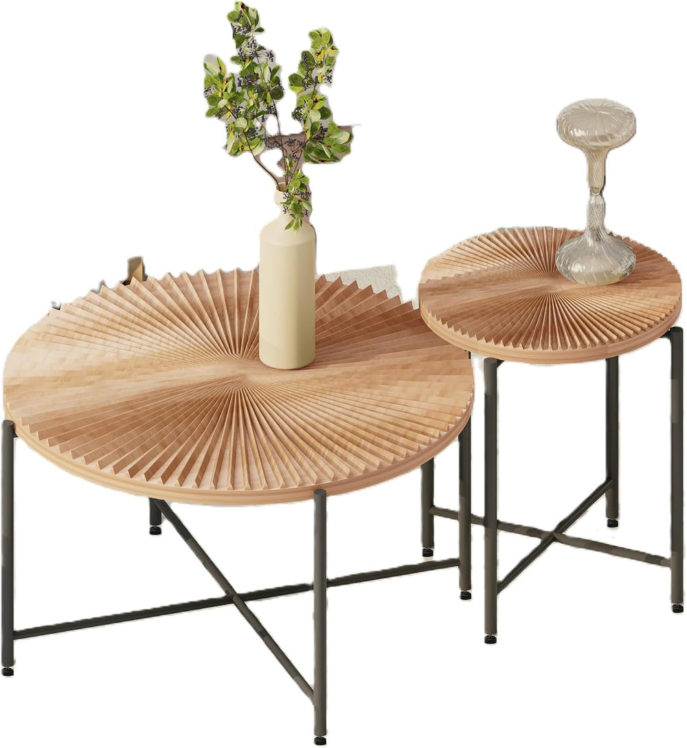 2-Piece Rustic Coffee Table and End Side Table Set, Radial Pattern Waterproof...