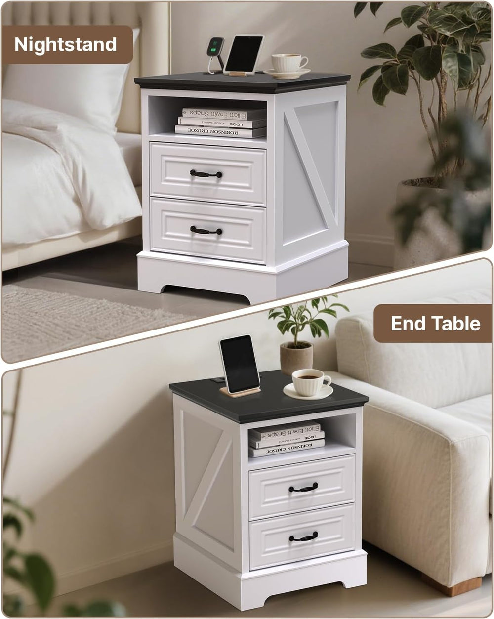 Eondon 18" Farmhouse Nightstand with Charging Station, 2 Drawers Bedside...
