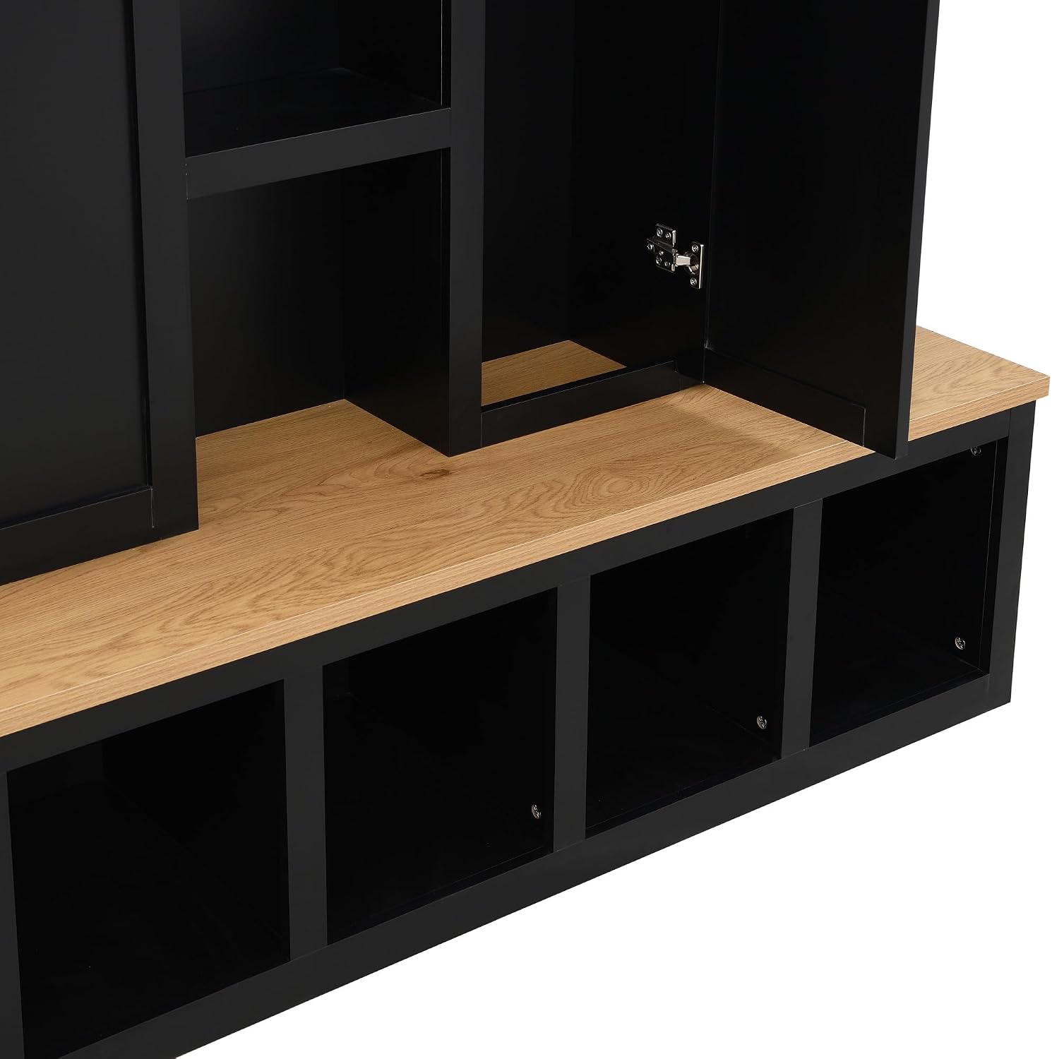 Modern 63'' Wide Hall Tree with 6 Hidden Hanging Hooks, Brown Wood Grain Minimalist Shoe Cabinet with Open Compartments, Entryway Coat Rack for Living Room Hallway (Black-4.23)