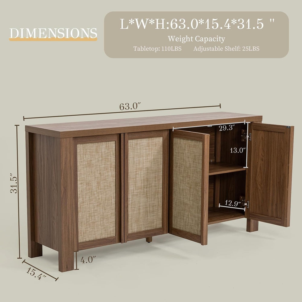 Yechen Buffet Cabinet with Storage, 63" Wide Sideboard with Solid Wood H...