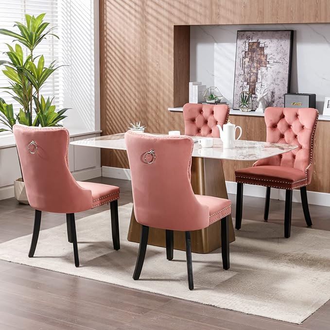 Pink Velvet Dining Chairs Set of 2, Tufted Upholstered Dining Room Chairs with Back Ring Pull, Nailhead Trim and Solid Wood Legs, Modern Dining Chairs for Dining Room, Kitchen,Pink