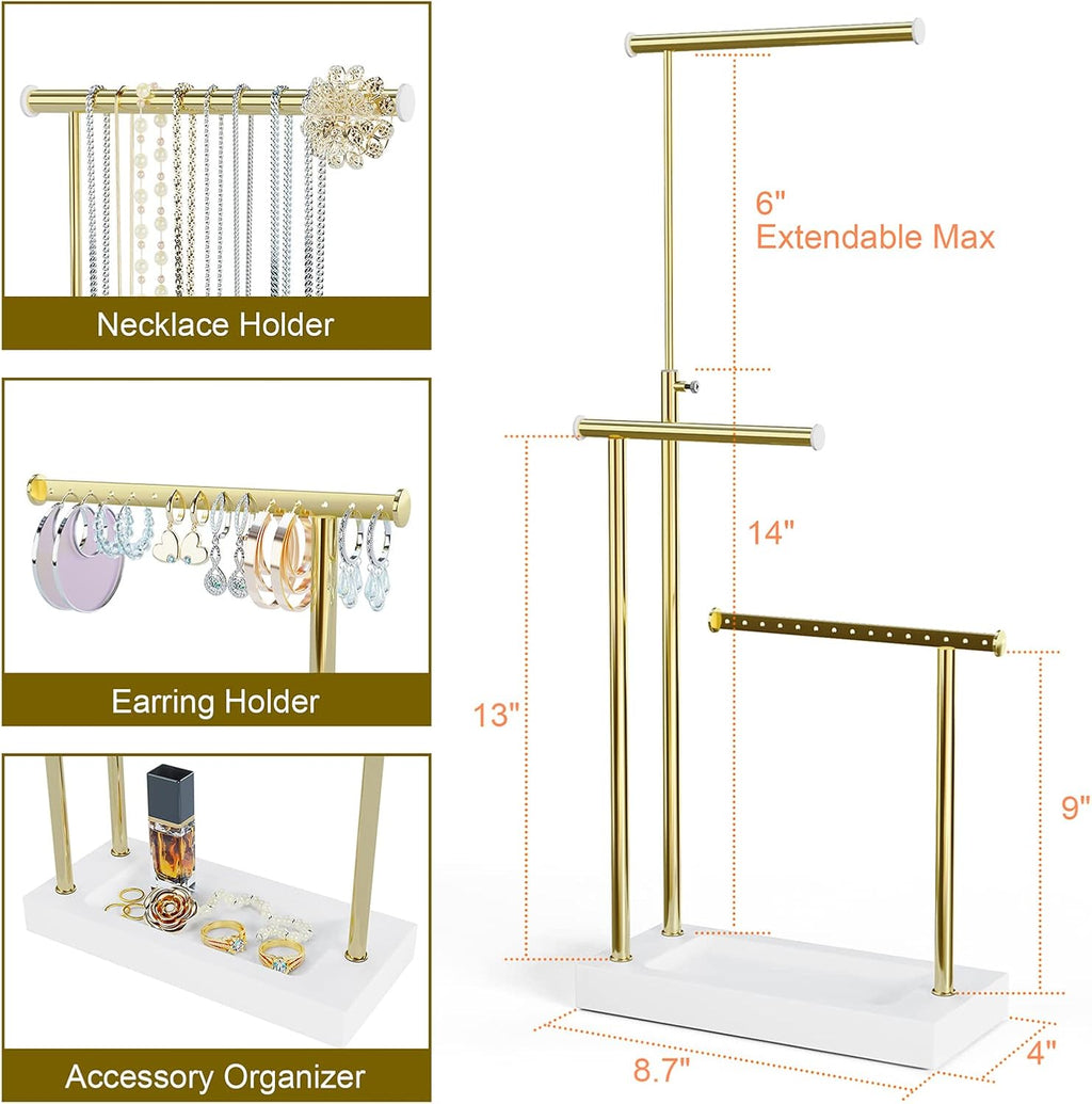SRIWATANA Jewelry Organizer Display Extra Tall Necklace Holder 3 Tier Jewelry Tree Stand, Gift Idea (White & Gold)