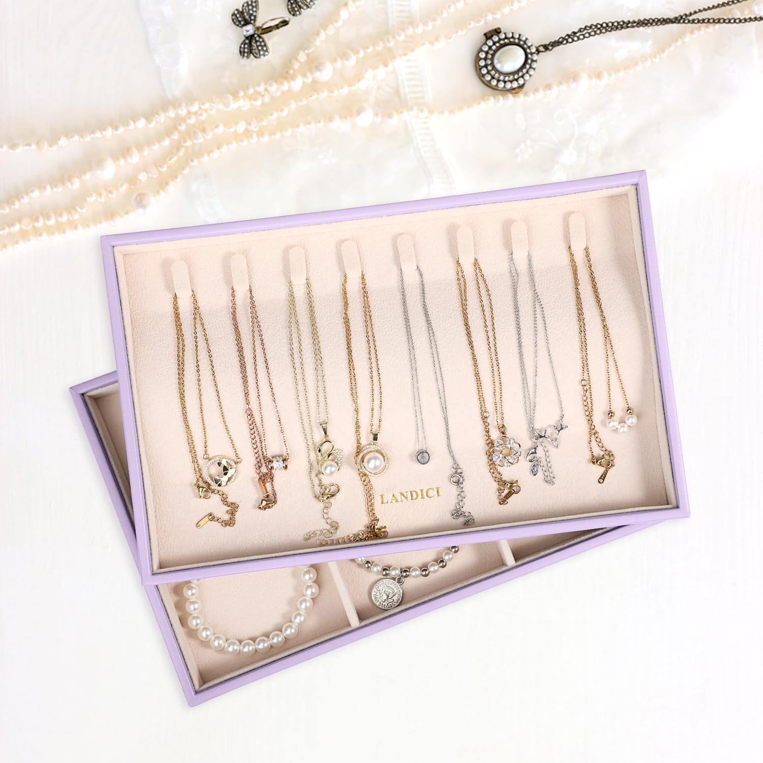 LANDICI Stackable Jewelry Organizer Trays 4 Set,PU Leather Jewelry Organizer Drawer,Jewelry Storage Display Tray for Earring Necklace Rings Bracelet with Removable Dividers,Lavender