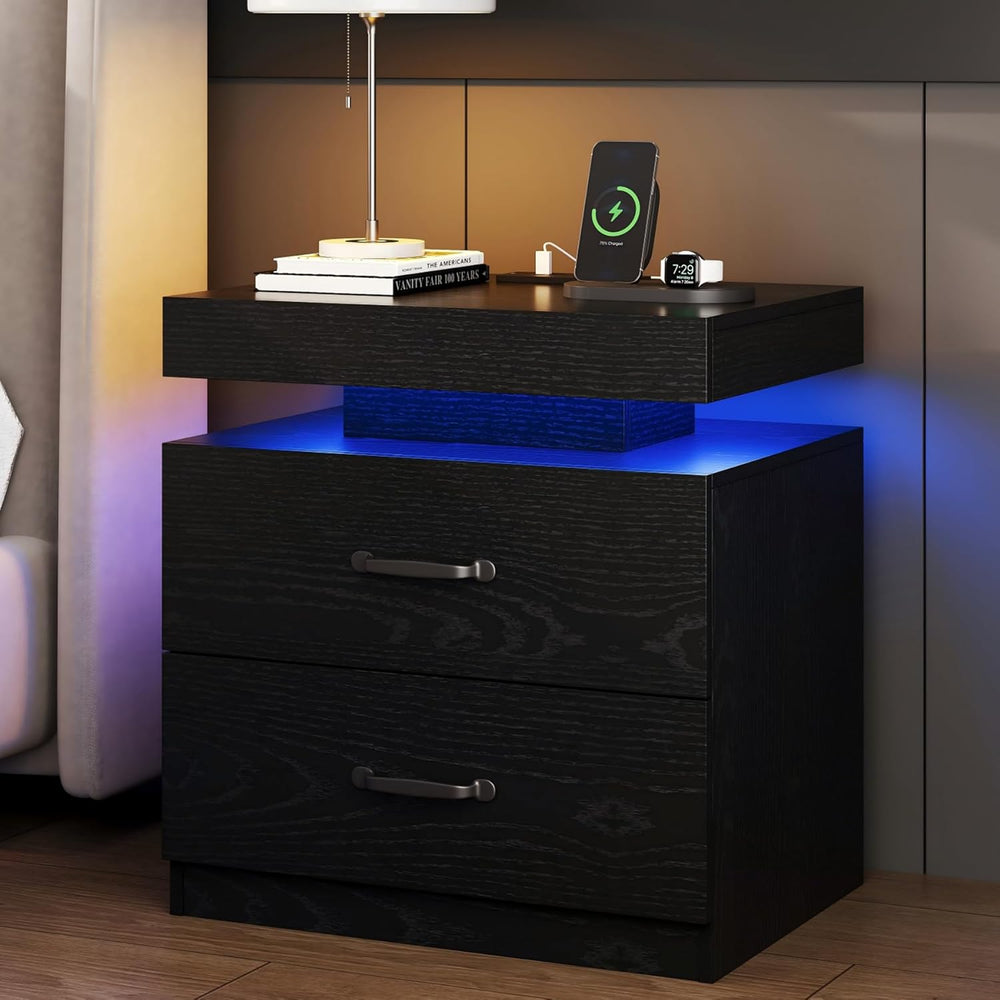 Black Nightstand with Charging Station, Modern Night Stand with LED Lights, E...