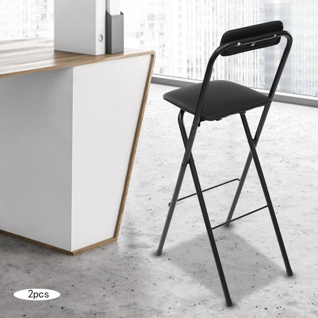 Folding Bar Stool with Back,29.53 in Tall PU Cushioned Padded Foldable Stool Chair, High Folding Bar Counter Chair for Cafe Shop Dining Room (2PCS Black)