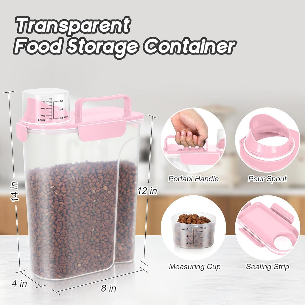 3+5Lbs 2Pack Small Cat Dog Food Storage Containers BPA Free, Airtight Pet Food Storage Containers with Large Pour Spout/1 Measuring Cup/ 4 Safety Locks and Double-Layer Silicone Strip (Pink)