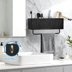 Hair Tool Organizer Wall Mounted with Towel Bar, Wood Hair Dryer and Styling Holder for Bathroom, Vanity Caddy Storage Stand for Storage Bathroom Accessories, Flat Iron, Blow Dryer, Brushes(Black)