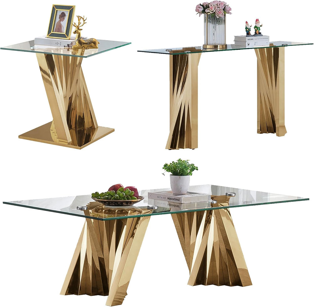 3 Piece Gold Living Room Table Set, Rectangular Modern Glass Coffee Table, Co...