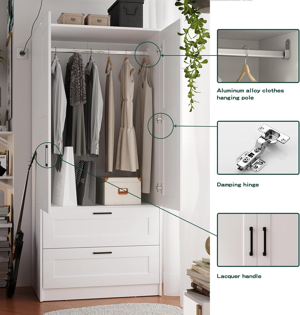 Fenghua Lizhi Wood White Wardrobe Closet with 2 Doors and 2 Drawers，Bedroom F...
