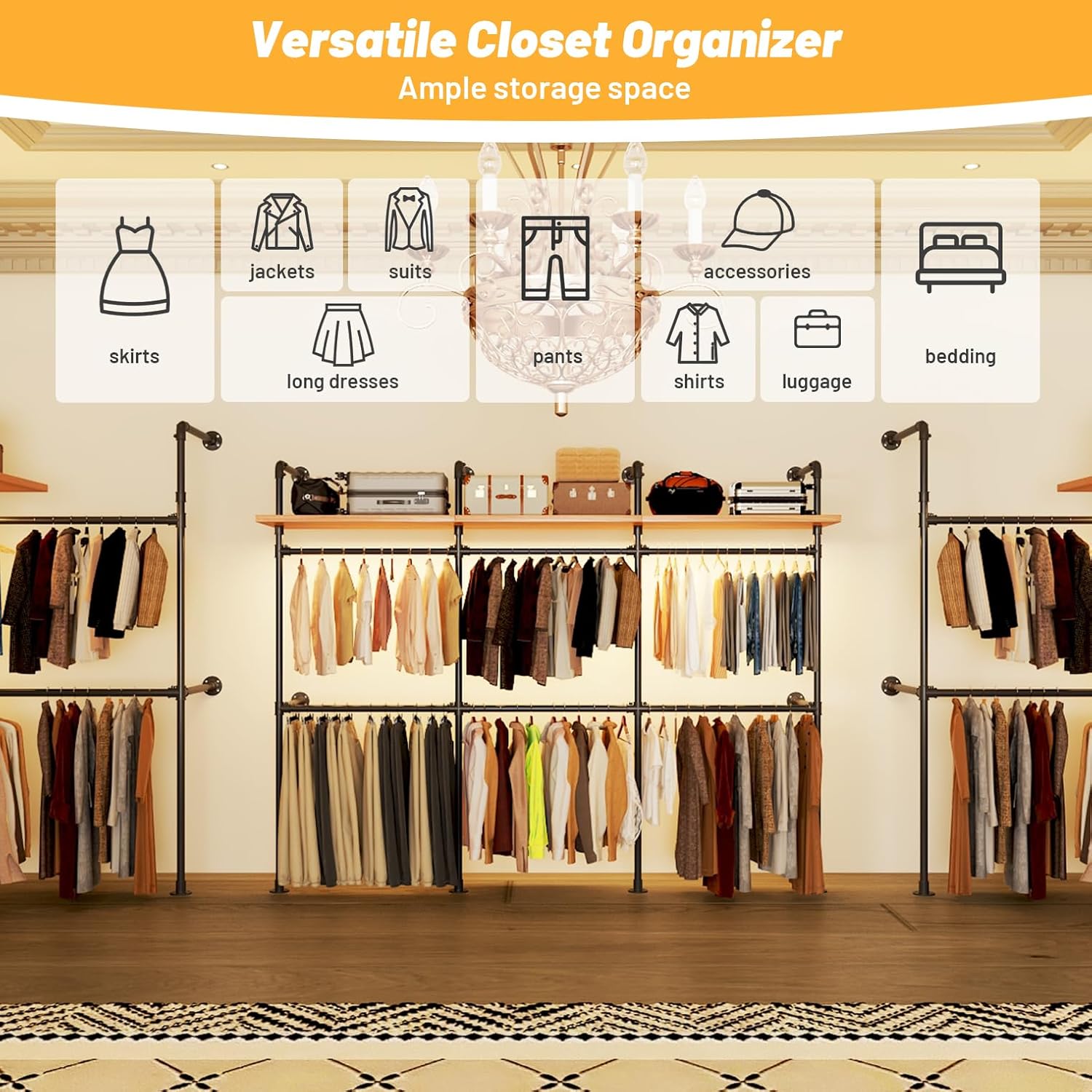 Industrial Pipe Clothing Rack, Reversible 118.3'' Clothes Rack for Hanging Clothes, Black Wall Clothing Rack Wall Mounted Rack for Walk-in Closet, Laundry Room or Retail Display (丨丨丨-with board)
