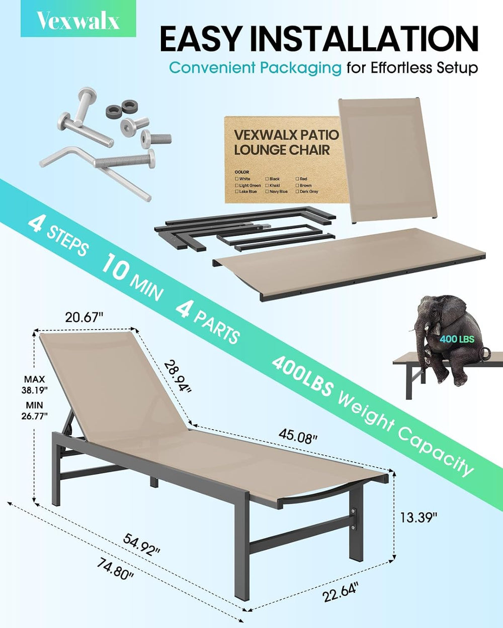 Vexwalx Pool Lounge Chairs Set of 2, Aluminum Lounge Chair Outdoor with 5-Pos...