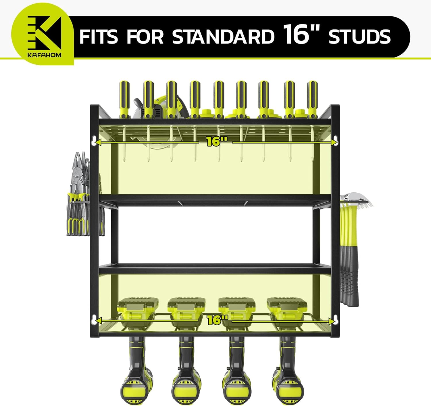 KAFAHOM Power Tool Organizer, Garage Tool Organizers and Storage,Drill Holder Wall Mount, Storage Rack for Cordless Drill, Heavy Duty Tool shelf with Screwdriver Holder/Pliers Holder/Hammer Holder