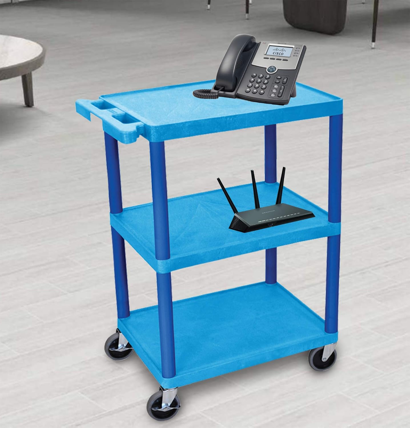Luxor HE34-BU Utility Cart - 3 Shelves Structural Foam Plastic, Four 4" Casters, Two with Locking Brake, Ergonomic Push Handle, 24"W x 18"D x 34"H, Offices, Classrooms