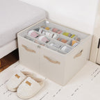 Shoe Organizer for Closet, Foldable Shoe Box with Adjustable Dividers and Clear Cover, Space Saving Shoe Storage Organizer Cabinet with Reinforced Handles, Fits 16 Pairs, Beige TP09Y