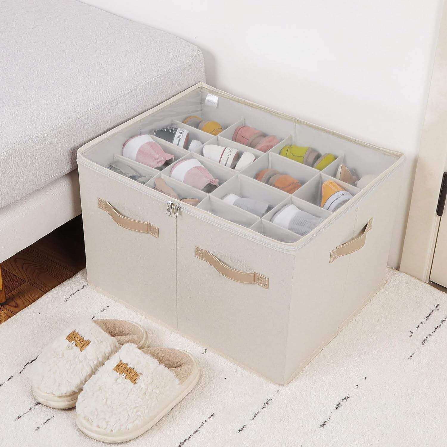 Shoe Organizer for Closet, Foldable Shoe Box with Adjustable Dividers and Clear Cover, Space Saving Shoe Storage Organizer Cabinet with Reinforced Handles, Fits 16 Pairs, Beige TP09Y