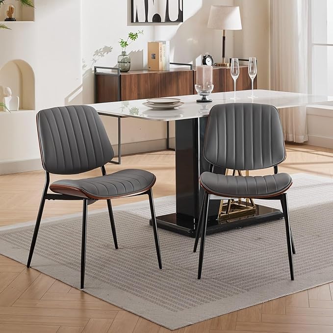 Dining Chairs Set of 4, Mid-Century Modern Upholstered PU Leather Chairs with Walnut Bentwood Back and Metal Legs Adjustable Feet for Kitchen Dining Room, Gray Vertical Stripes
