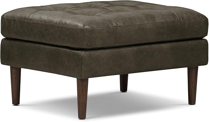POLY & BARK Napa Ottoman - Full-Grain Leather Upholstered Ottoman with Feather-Down Topper - Couch for Living Room - Vintage Italian Leather in Olivine Green