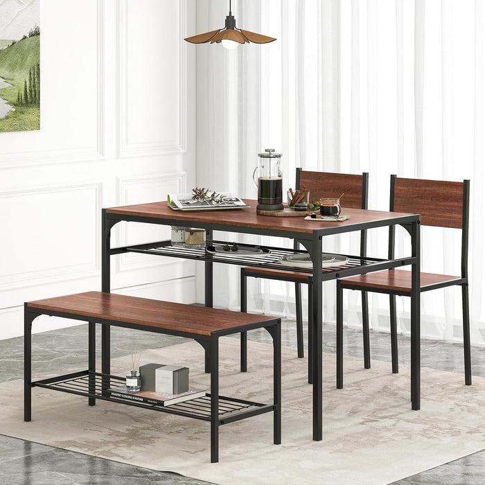 NAFORT 4-Piece Dining Table Set for 4, Industrial Kitchen Table with 2 Chairs & Bench, Rustic Wood Dining Set with Metal Frame & Storage Shelves, Space-Saving Dining Furniture for Apartment