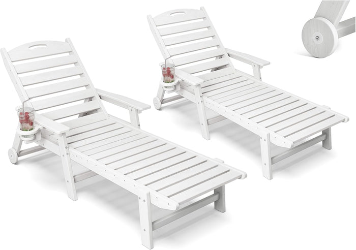 Patio Chaise Lounge Chair Set of 2, HDPE Outdoor Lounge Chairs with 5-Position Adjustable Backrest, Cup Holder and Wheels, 450lbs Capacity for Poolside Deck Backyard, All Weather Material(White)